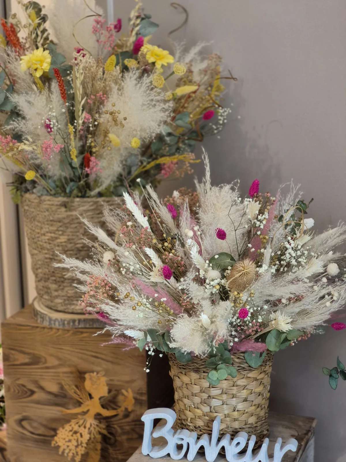Composition de fleurs séchées déco Bonheur
