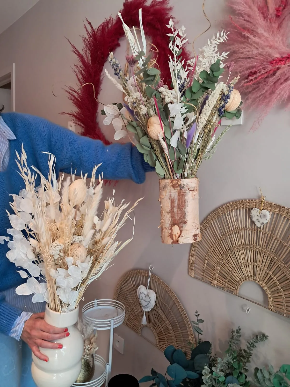 Bouquet de séchées blanc et fuchsia